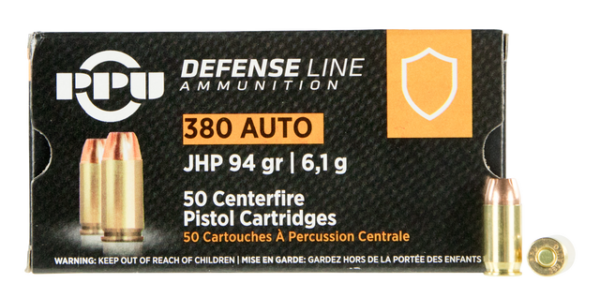 PPU Handgun Defense .380 ACP, 94gr, Jacketed Hollow Point, 50rd Box
