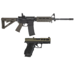 PSA 16″Nitride M4 5.56 MOE Rifle w/ MBUS Rear, ODG & PSA Dagger Compact 9mm SW1 RMR Pistol, 2-Tone Sniper Green